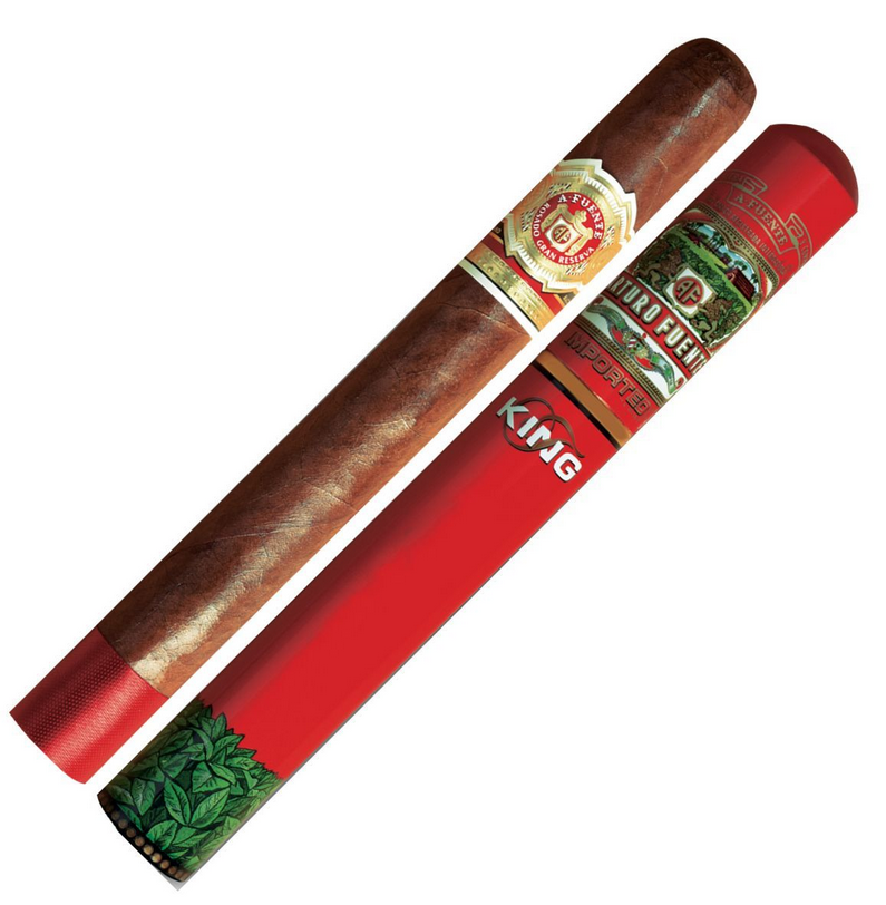 Cigar with a red wrapper and visible branding on a white background