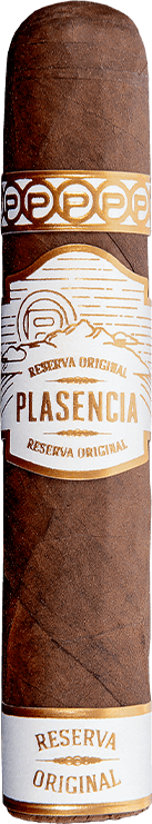 Cigar with Plasencia Reserva Original label on a brown background