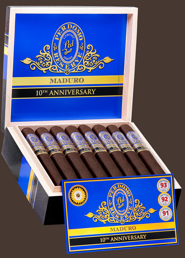 Perez Ferdomo Maduro 10th Anniversary cigars in a box with blue and gold packaging.