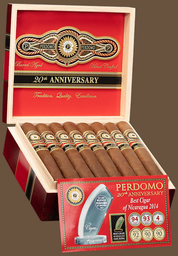 Perdomo 20th Anniversary cigars in a wooden box with red lid