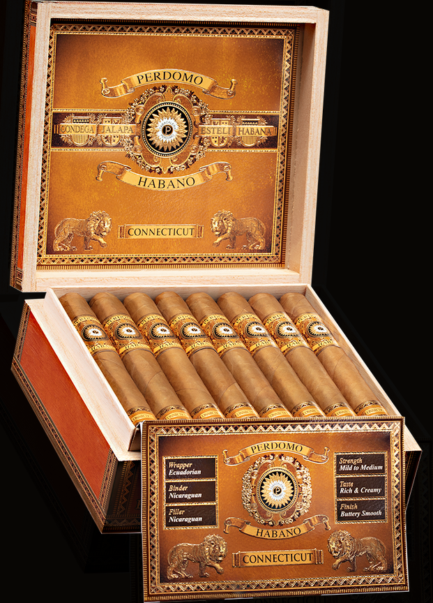 Perdomo Habano Connecticut cigars in an open wooden humidor on a black background