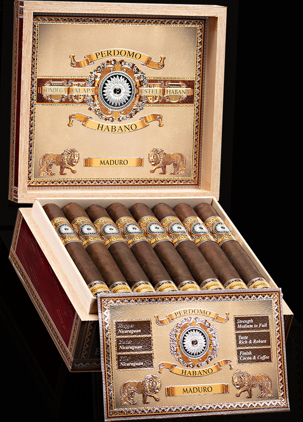 Perdomo Habano Maduro cigars in an open wooden box on a black background