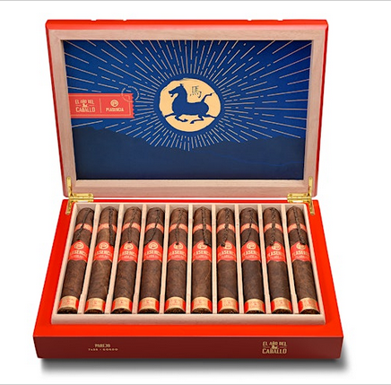 Open red cigar humidor displaying cigars with a blue interior panel featuring a horse logo.
