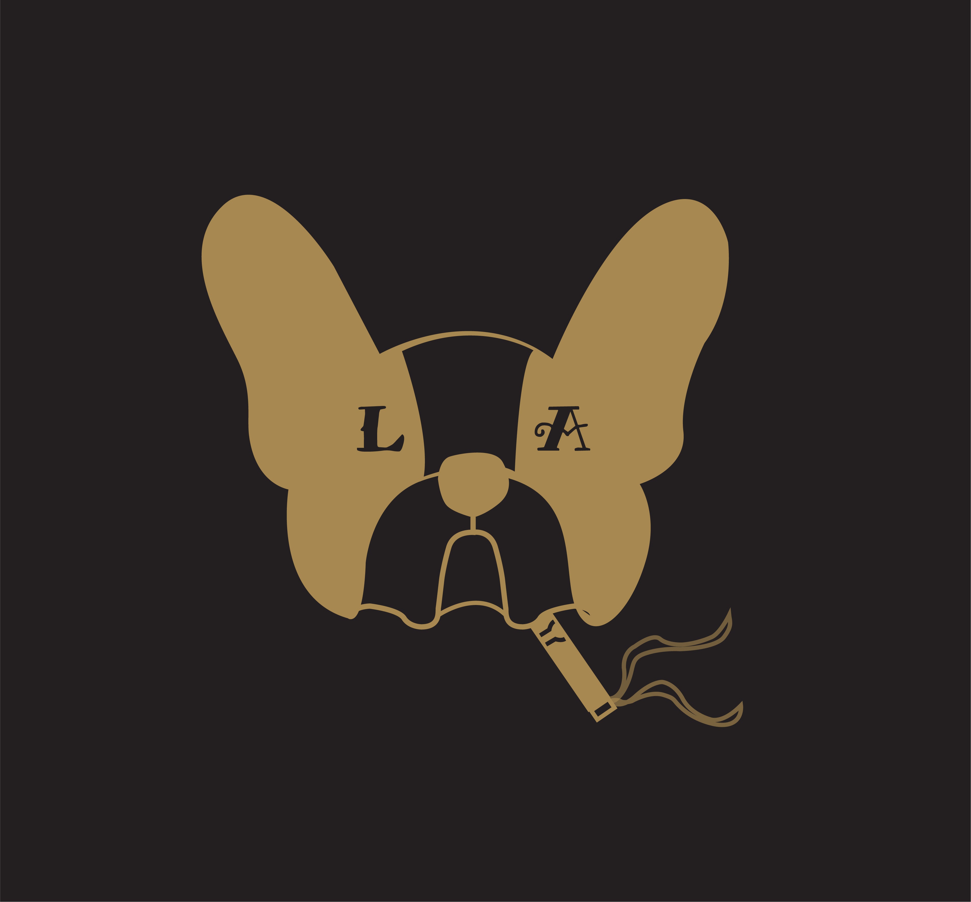 La Aficionados logo of gold boston terrier silhouette with L and A as eyes smoking a cigar