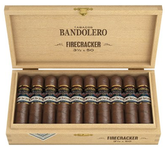An open wooden cigar box filled with dark brown cigars. The inside lid is printed with 'TABACO BANDOLERO FIRECRACKER 3 1/2 x 50'.