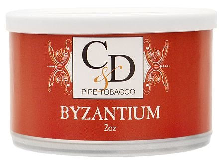 C&D Pipe Tobacco Byzantium 2oz container with red label and white lid.