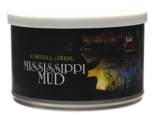 Cornell & Diehl Mississippi Mud tobacco can with a scenic label