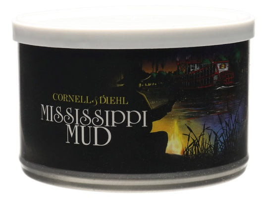 Cornell & Diehl Mississippi Mud tobacco can with a scenic label
