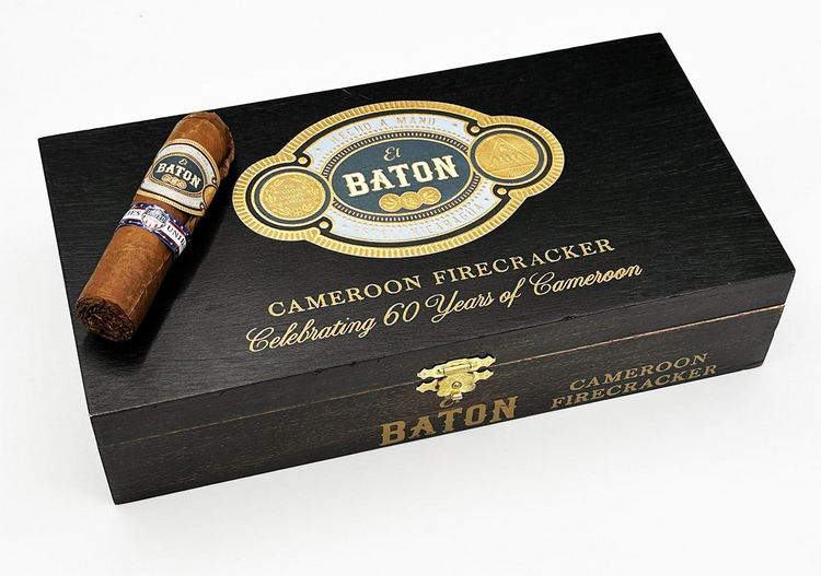 Baton Cameroon Firecracker cigar with a black box on a white background