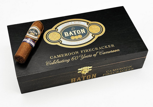 Baton Cameroon Firecracker cigar with a black box on a white background