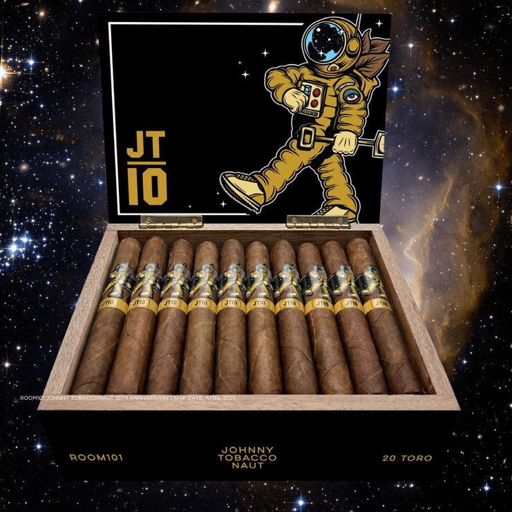 Box of Johnny Tobacco cigars with an astronaut illustration against a space-themed background