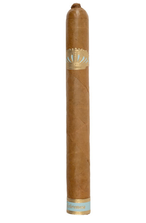 A single brown tobacco cigar with a gold and light blue band, shown vertically against a plain white background.
