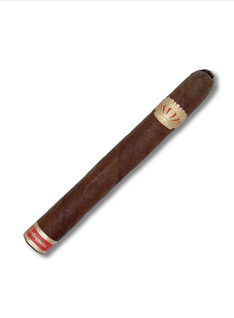 A single dark brown cigar shown diagonally on a plain white background, featuring a gold and red band near the tip and a red and white label at the base.